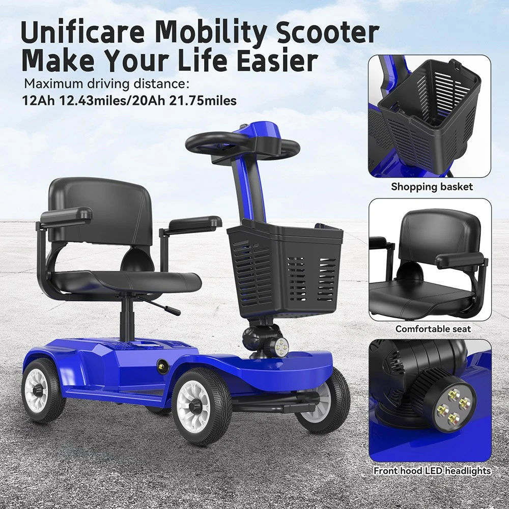 Unificare Lucas Pro Four-wheeled Scooter, 180W Motor, 24V 12Ah Battery, 8 inch Tires, 6km/h Max Speed, 20km Range, Magnetic Brake, 190kg Max Load - Blue