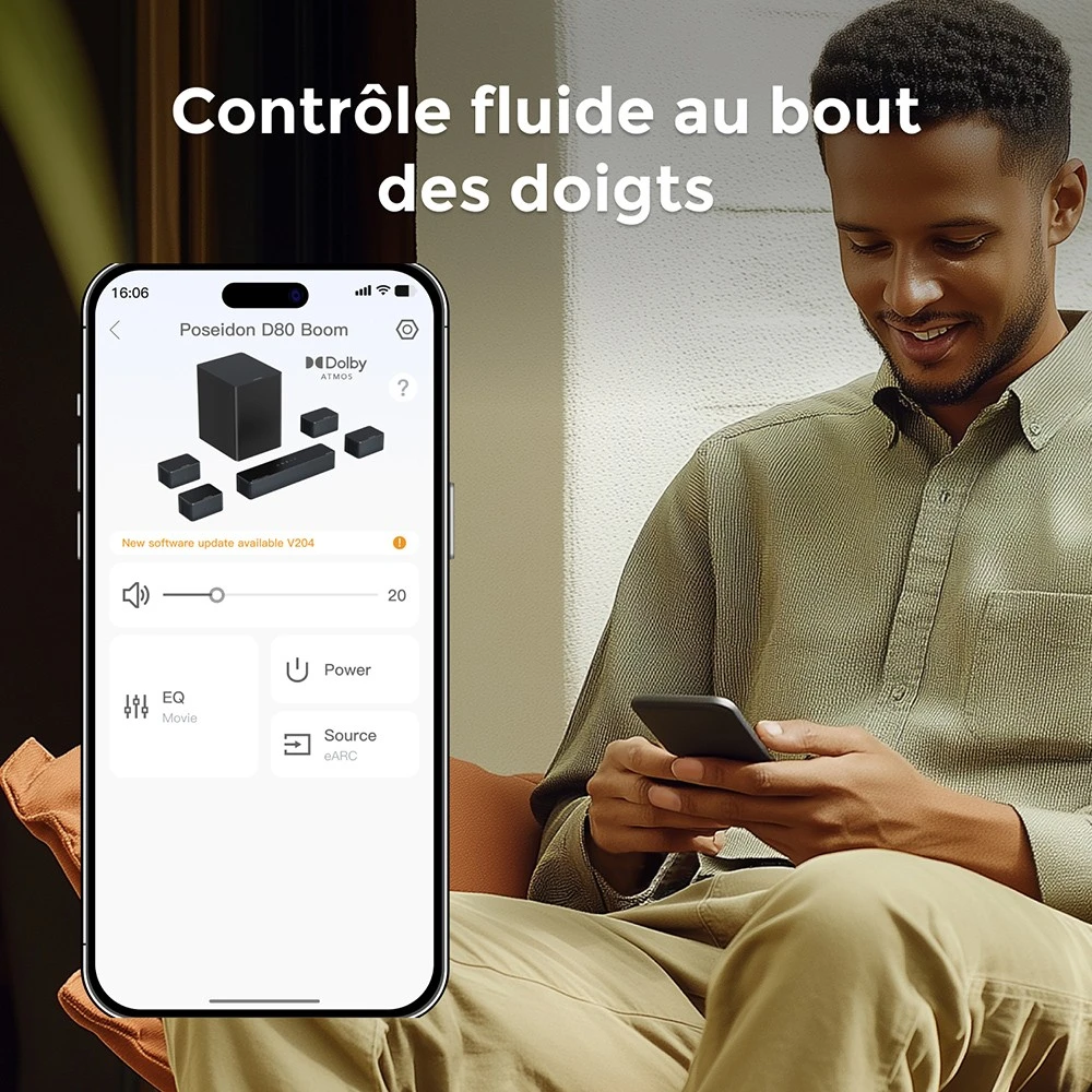 Ultimea Poseidon D80 Boom 7.1 Barre de son avec caisson de basses, Dolby Atmos, puissance de crête de 500 W, contrôle via application, égaliseur 10 bandes, 121 matrices d'égalisation prédéfinies, Bluetooth 5.3