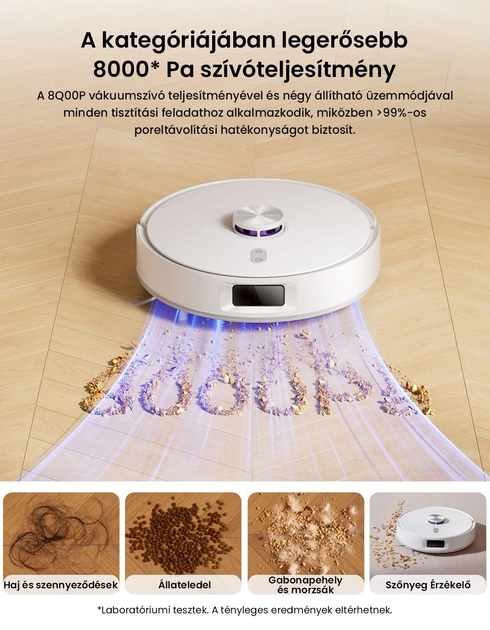 Odkurzacz Narwal Freo S – nie musisz go dotykać przez 180 dni! 4 Grafika przedstawiająca moc ssania 8000Pa robota odkurzającego Narwal Freo S