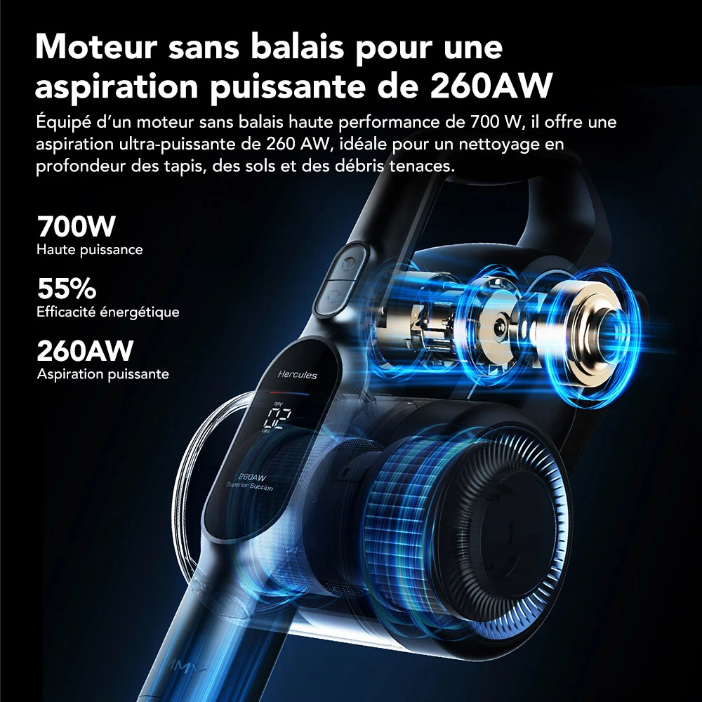 Jimmy H11 Pro Aspirateur sans fil, aspiration 700 W/260 AW, autonomie 90 min, tube flexible, 7 outils de nettoyage, affichage LED, pour tapis/sols durs - Gris foncé