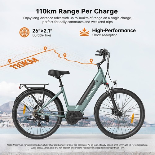 Foride Urbano 1 Electric Bike, 250W Mid-drive Motor, 36V 13Ah Battery, 26 inch Tires, 25km/h Max Speed, 110km Range, Hydraulic Disc Brake, Suspension Fork with Lockout, Shimano 7-speed