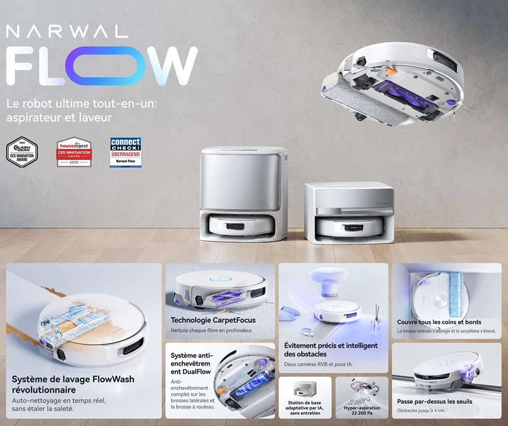 Narwal Freo Flow Aspirateur Robot et Serpillière, Aspiration 22 000Pa, Évitement d’Obstacles par IA à Double Caméra, Serpillière à Eau Chaude, Nettoyage des Tapis et Bords, Vidage Automatique, Sac à Poussière 2,5L, Commande Vocale - Blanc