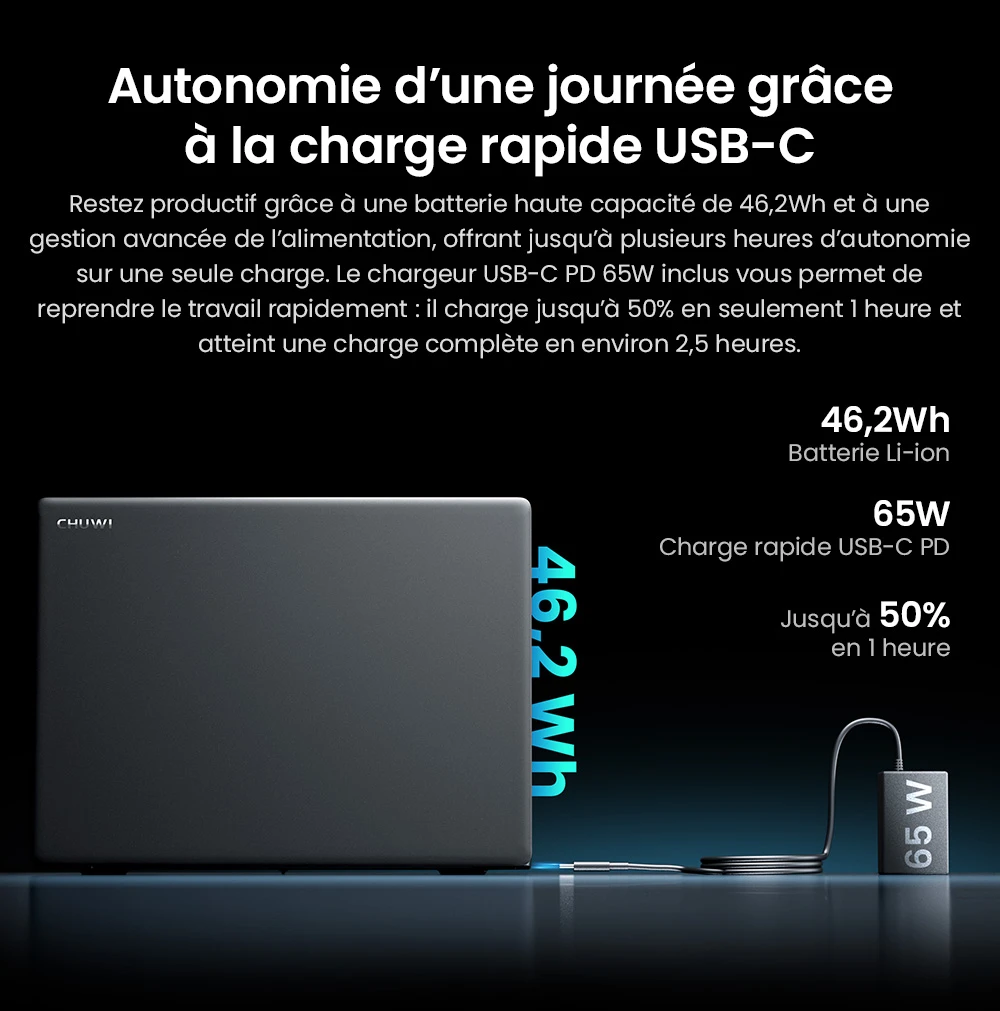 Ordinateur portable CHUWI CoreBook X, écran 14 pouces 2160 x 1440, processeur AMD Ryzen 5 7430U 6 cœurs cadencé à 4,3 GHz maximum, 16 Go de RAM, SSD 512 Go, Wi-Fi 6, Bluetooth 5.2, batterie 4 000 mAh, clavier rétroéclairé, 1 port Type-C complet, 2 ports USB 3.0, 1 port HDMI 1.4, 1 emplacement pour carte TF, 1 prise casque.