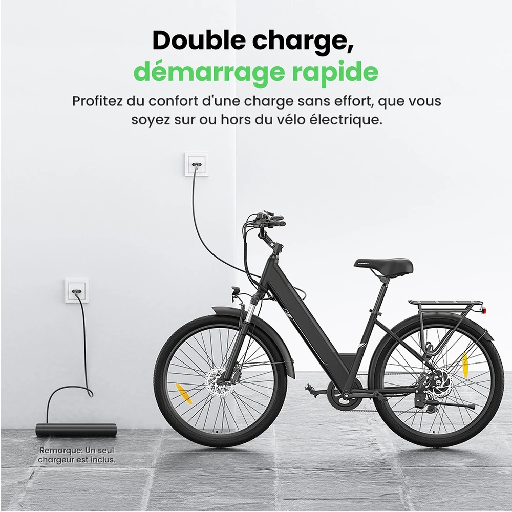 Touroll J1 Pro Vélo électrique, moteur 250 W, batterie 36 V 15,6 Ah, pneus 27,5 pouces, vitesse maximale 25 km/h, autonomie 100 km, frein à disque hydraulique, suspension avec blocage, Shimano 7 vitesses