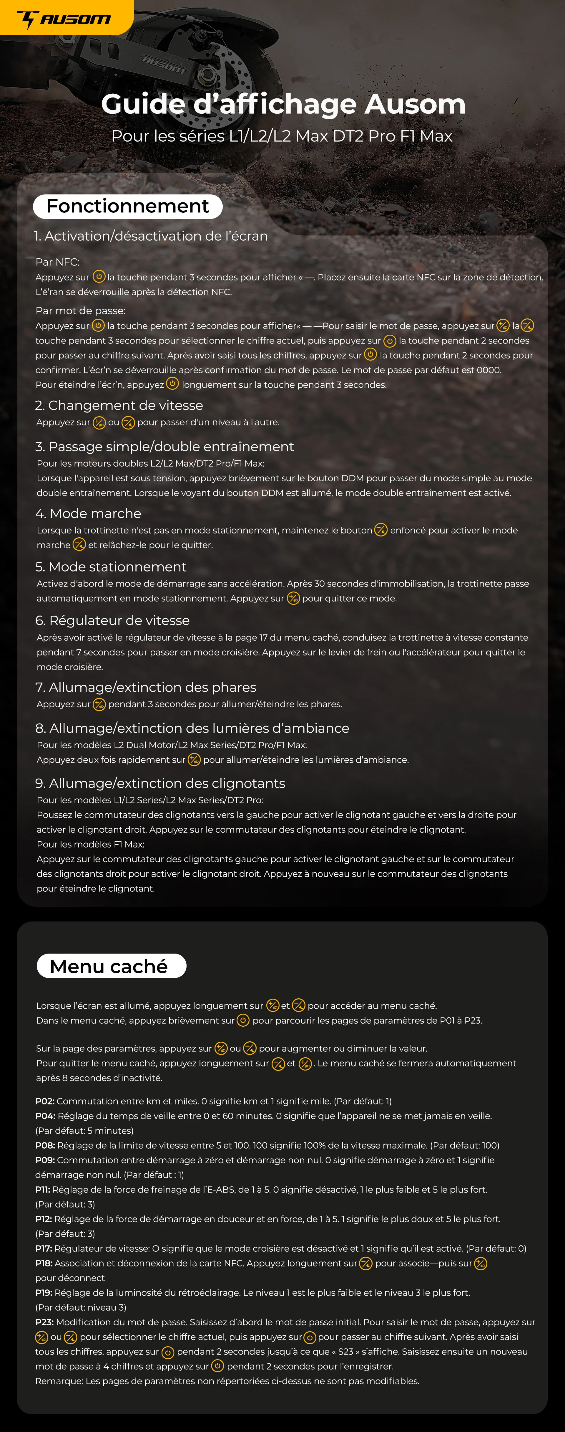 Ausom F1 Max Trottinette électrique, moteur 2 x 1 400 W, batterie 60 V 20,8 Ah, pneus 10 pouces, vitesse maximale 72 km/h, autonomie maximale 100 km, freins à disque hydrauliques avant et arrière, verrouillage NFC et par code