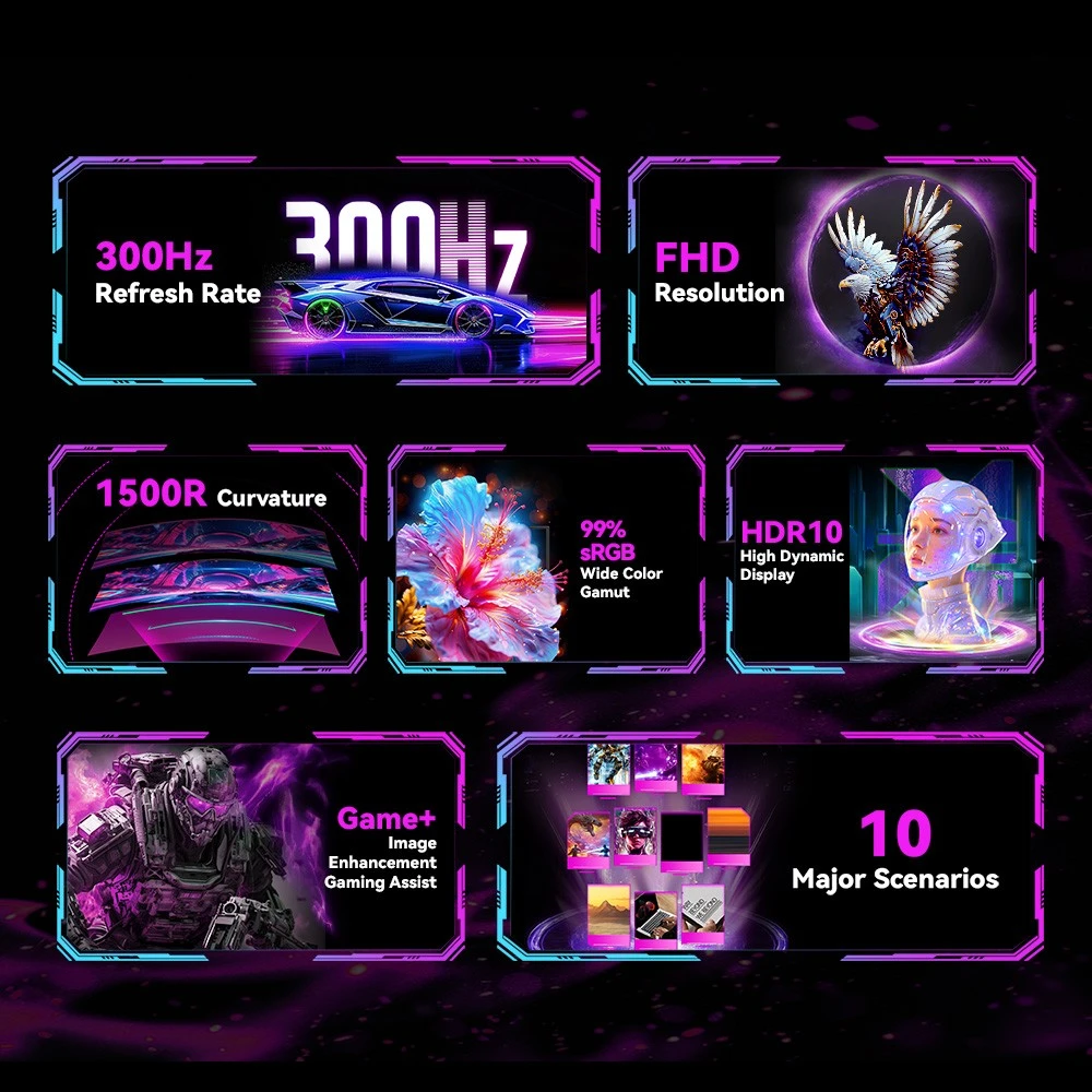 TITAN ARMY C27A1H Écran gaming, écran VA incurvé 27 pouces 1500R, résolution 1920 x 1080, taux de rafraîchissement de 300 Hz, temps de réponse à gris 1 ms, FreeSync, OD dynamique, 10 modes de scénario, 2 ports HDMI 2.0, 2 ports DP 1.4, 1 port audio