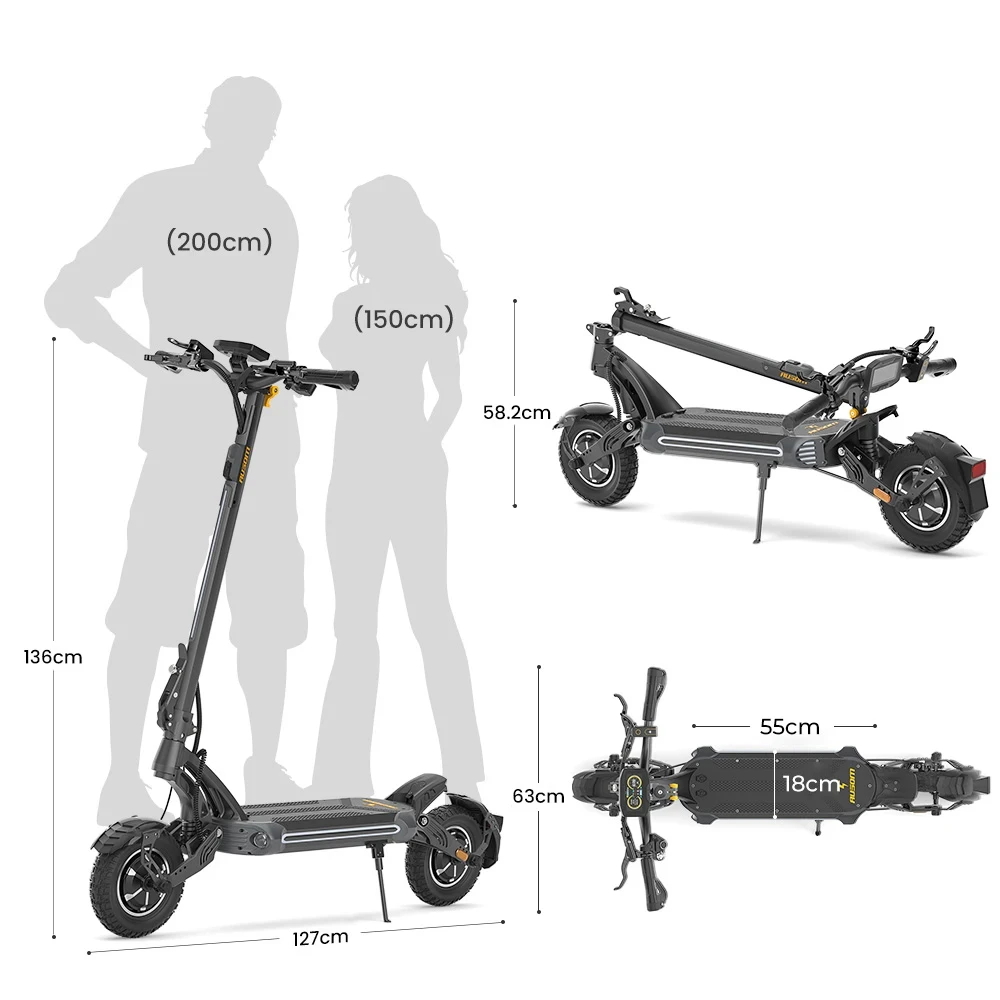 Ausom SR1 Trottinette électrique, moteur 2 x 1 000 W, batterie 52 V 20,8 Ah, pneus 10 pouces, vitesse maximale 65 km/h, autonomie 95 km, freins à disque hydrauliques avant et arrière, suspension à bras oscillant