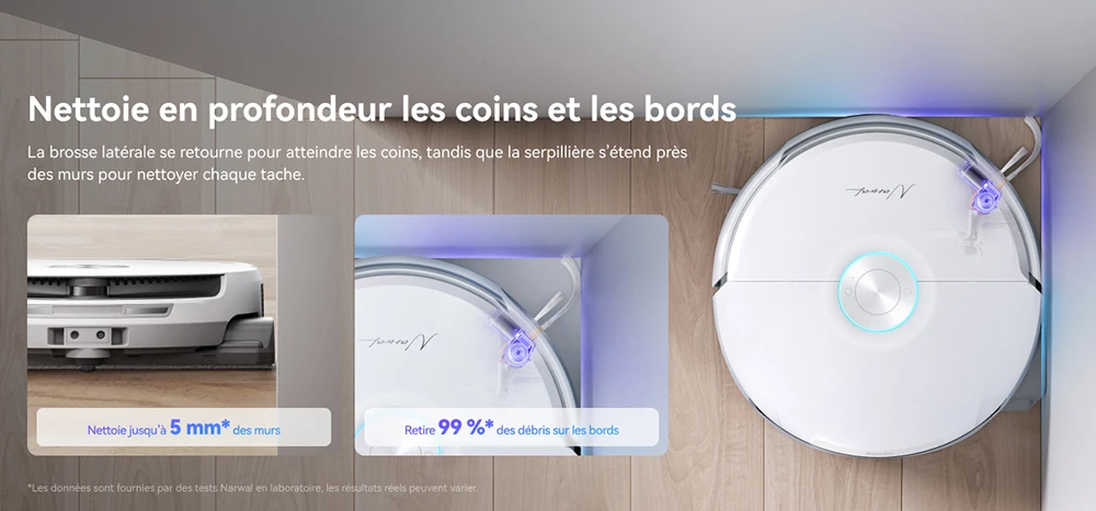 Narwal Freo Flow Aspirateur Robot et Serpillière, Aspiration 22 000Pa, Évitement d’Obstacles par IA à Double Caméra, Serpillière à Eau Chaude, Nettoyage des Tapis et Bords, Vidage Automatique, Sac à Poussière 2,5L, Commande Vocale - Blanc