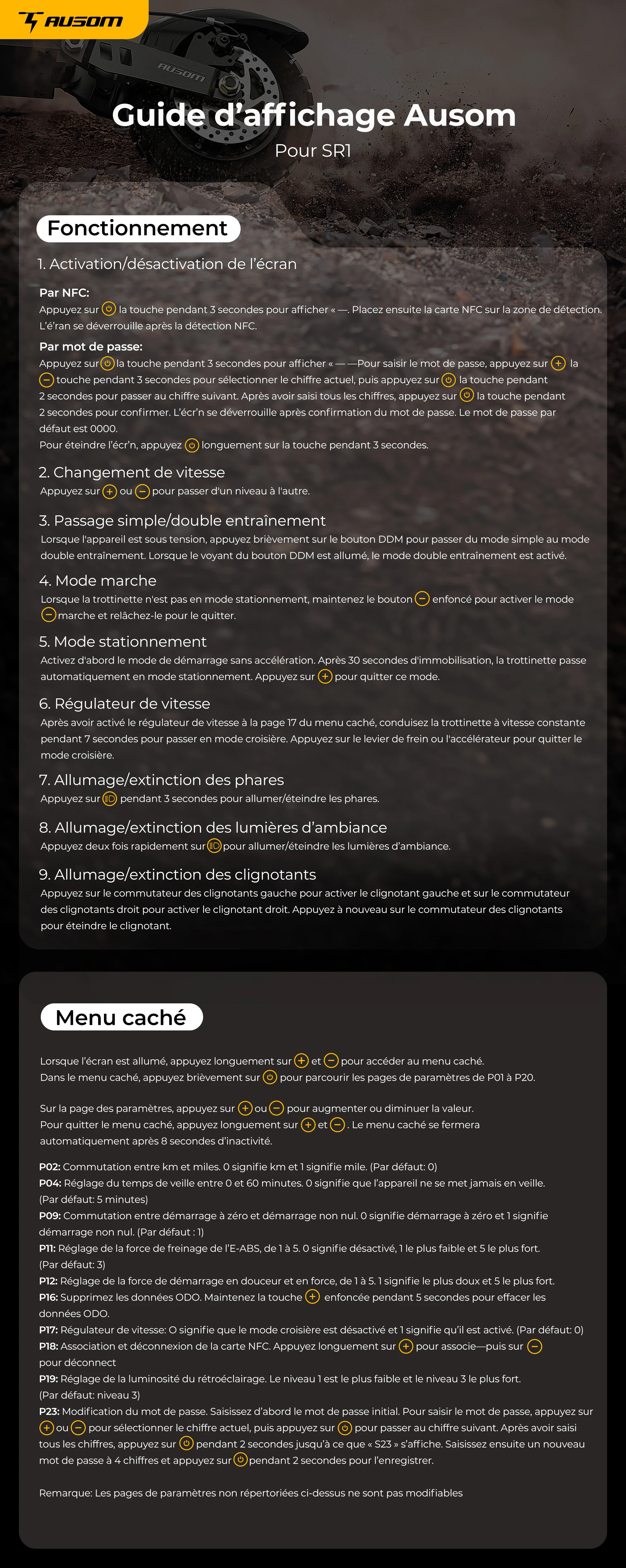 Ausom SR1 Trottinette électrique, moteur 2 x 1 000 W, batterie 52 V 20,8 Ah, pneus 10 pouces, vitesse maximale 65 km/h, autonomie 95 km, freins à disque hydrauliques avant et arrière, suspension à bras oscillant
