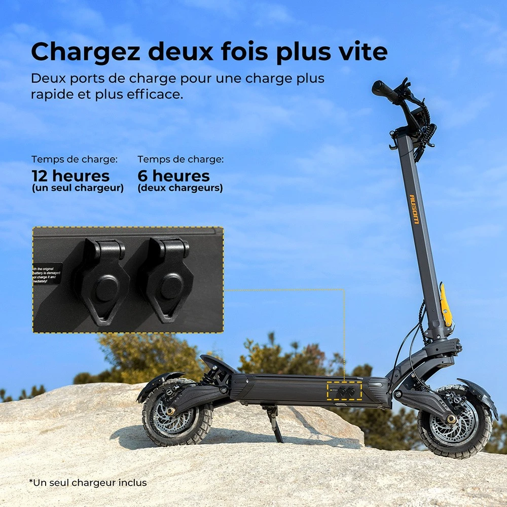 Trottinette électrique Ausom F1 Max, moteur 2 x 1 400 W, batterie 60 V 20,8 Ah, pneus 10 pouces, vitesse maximale 72 km/h, autonomie maximale 100 km, freins à disque hydrauliques avant et arrière, verrouillage NFC et par code