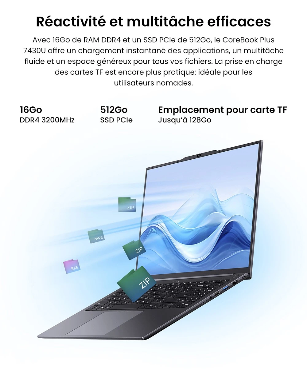 Ordinateur portable CHUWI CoreBook Plus, écran IPS 16 pouces 1920 x 1200, AMD Ryzen 5 7430U 6 cœurs cadencé à 4,3 GHz maximum, 16 Go de RAM, 512 Go de SSD, Wi-Fi 6, Bluetooth 5.2, 2 ports Type-C complets, 2 ports USB 3.2, 1 port USB 2.0, 1 emplacement pour carte TF, 1 port HDMI, 1 port RJ45, 1 port audio