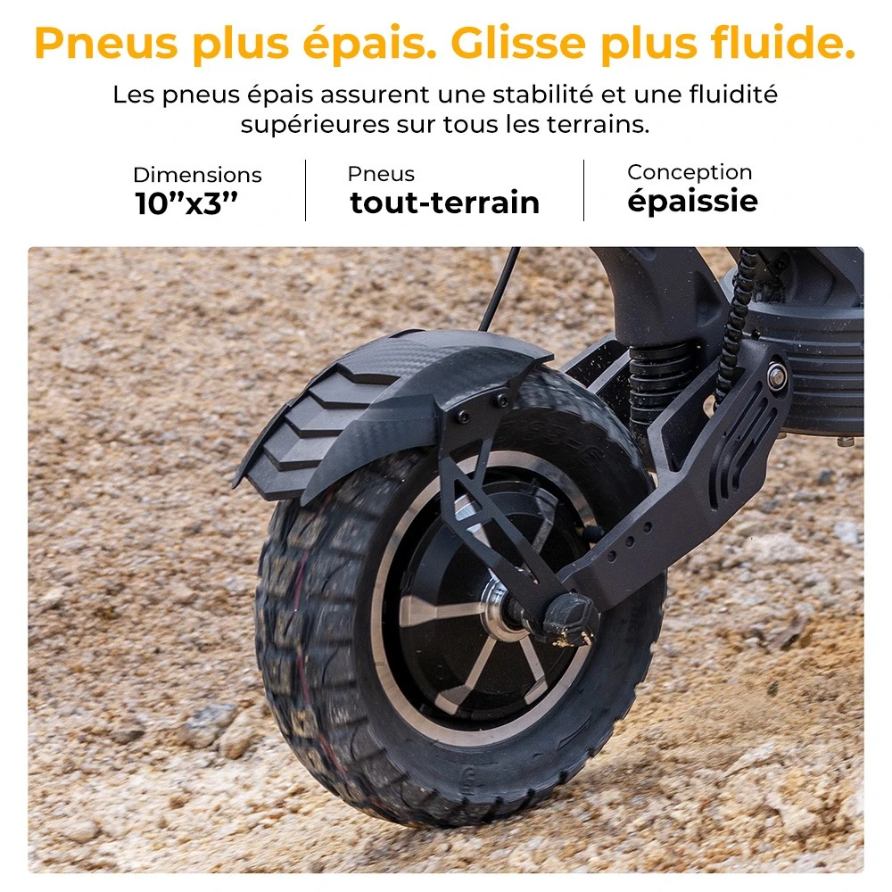 Trottinette électrique Ausom SR1, moteur 2 x 1 000 W, batterie 52 V 20,8 Ah, pneus 10 pouces, vitesse maximale 65 km/h, autonomie 95 km, freins à disque hydrauliques avant et arrière, suspension à bras oscillant