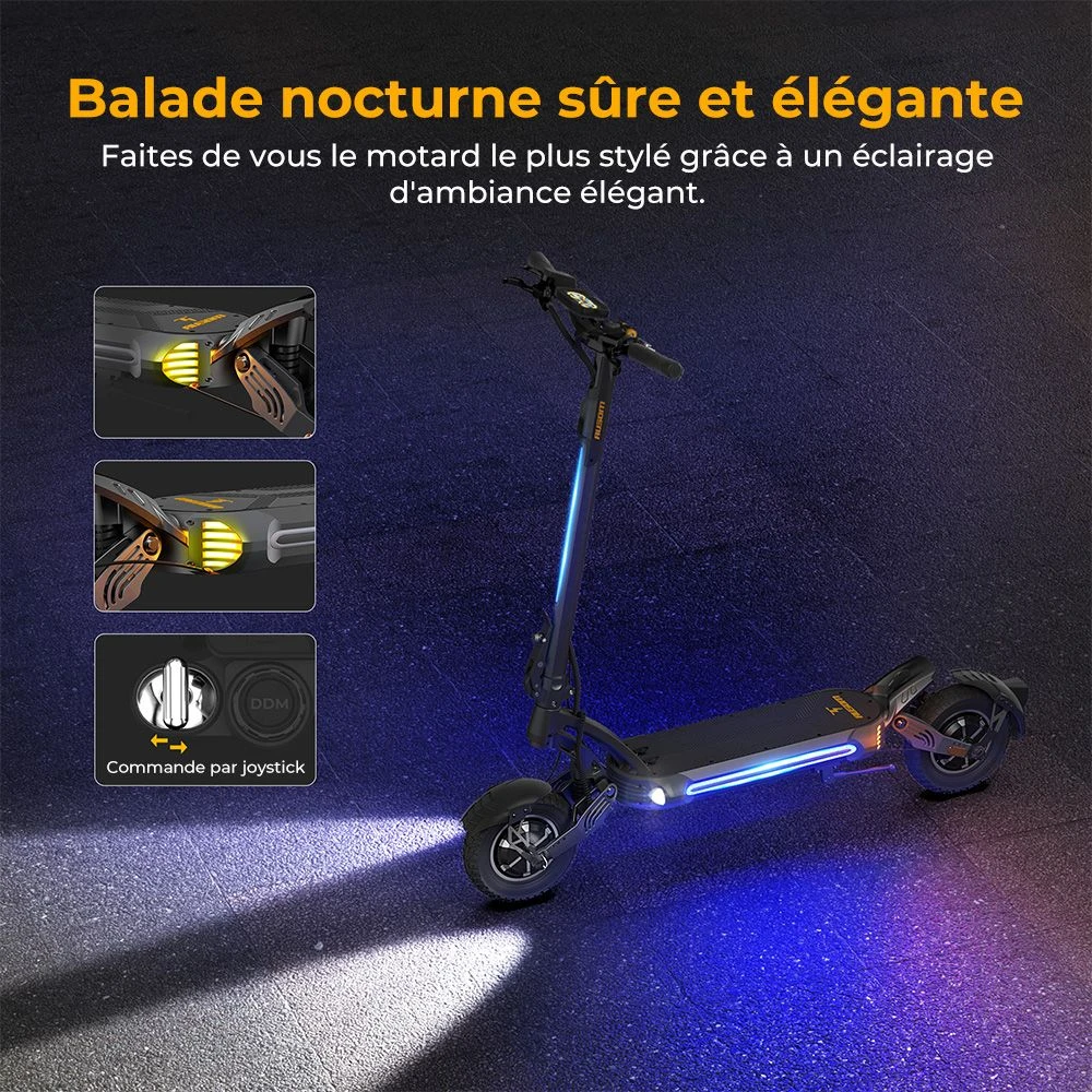 Trottinette électrique Ausom SR1, moteur 2 x 1 000 W, batterie 52 V 20,8 Ah, pneus 10 pouces, vitesse maximale 65 km/h, autonomie 95 km, freins à disque hydrauliques avant et arrière, suspension à bras oscillant