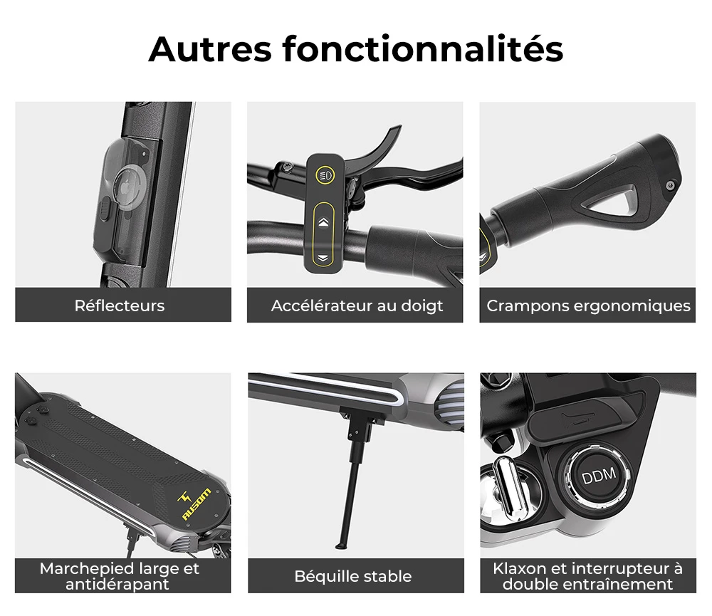 Trottinette électrique Ausom SR1, moteur 2 x 1 000 W, batterie 52 V 20,8 Ah, pneus 10 pouces, vitesse maximale 65 km/h, autonomie 95 km, freins à disque hydrauliques avant et arrière, suspension à bras oscillant
