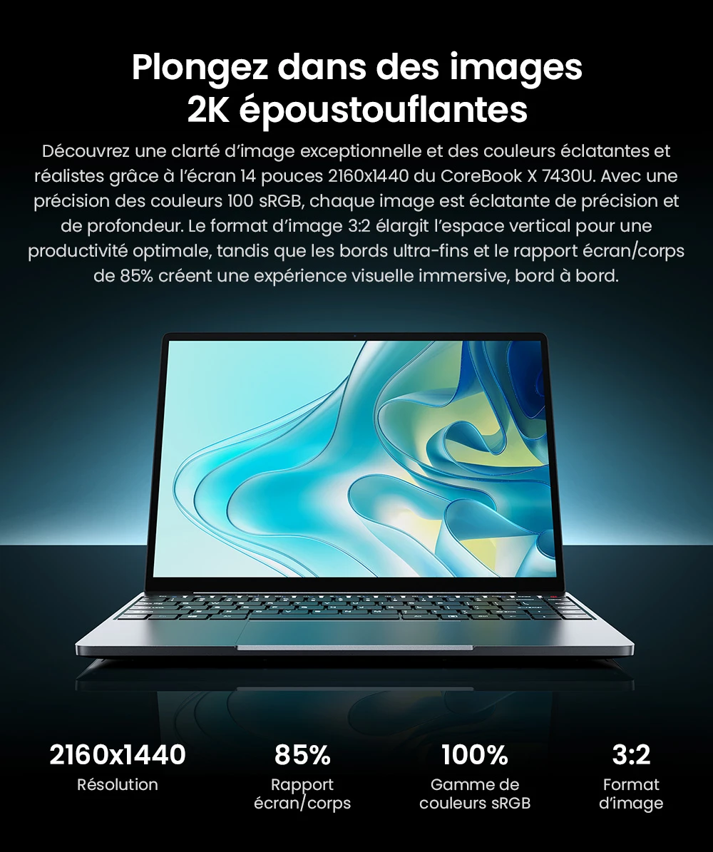 Ordinateur portable CHUWI CoreBook X, écran 14 pouces 2160 x 1440, processeur AMD Ryzen 5 7430U 6 cœurs cadencé à 4,3 GHz maximum, 16 Go de RAM, SSD 512 Go, Wi-Fi 6, Bluetooth 5.2, batterie 4 000 mAh, clavier rétroéclairé, 1 port Type-C complet, 2 ports USB 3.0, 1 port HDMI 1.4, 1 emplacement pour carte TF, 1 prise casque.