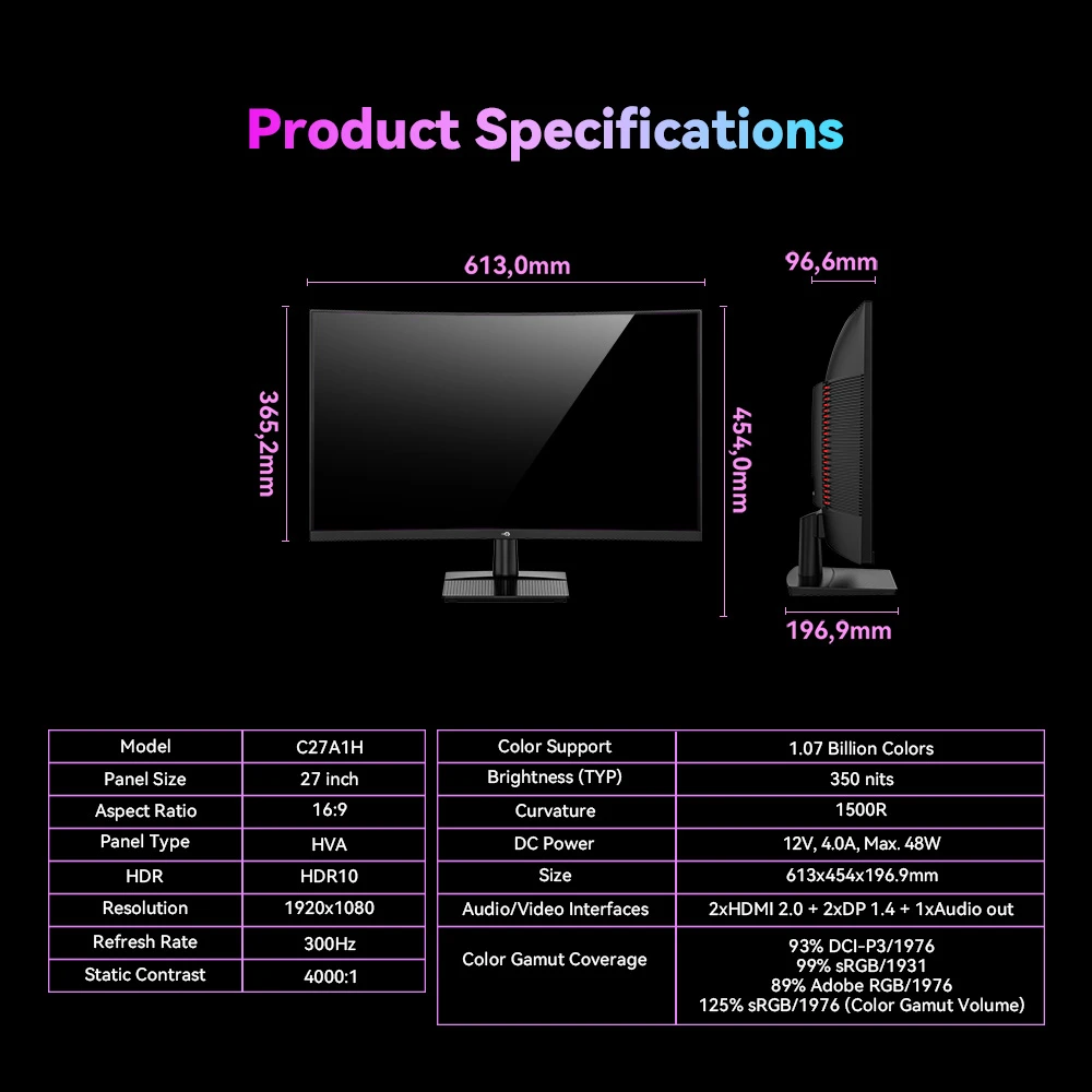 TITAN ARMY C27A1H Écran gaming, écran VA incurvé 27 pouces 1500R, résolution 1920 x 1080, taux de rafraîchissement de 300 Hz, temps de réponse à gris 1 ms, FreeSync, OD dynamique, 10 modes de scénario, 2 ports HDMI 2.0, 2 ports DP 1.4, 1 port audio
