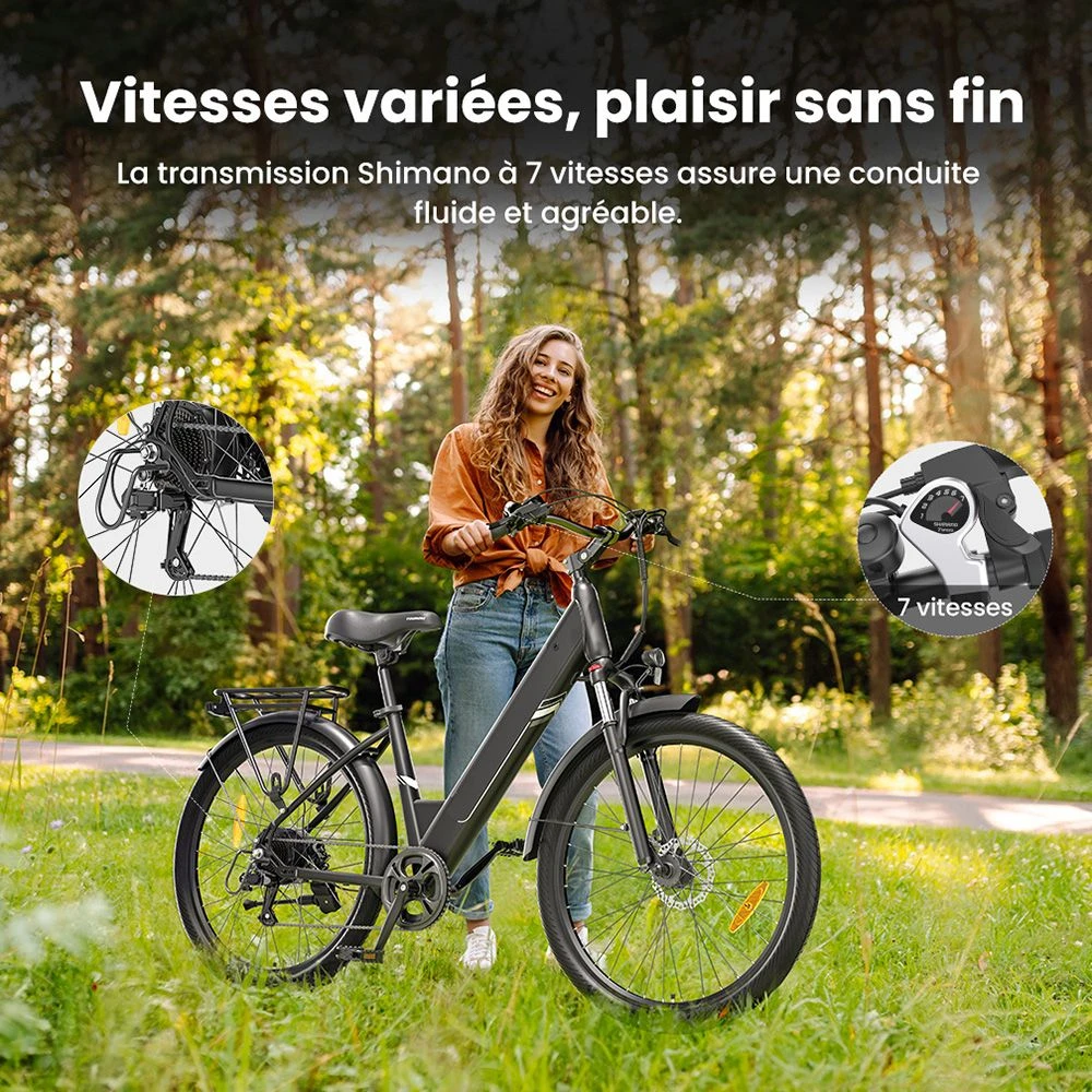 Touroll J1 Pro Vélo électrique, moteur 250 W, batterie 36 V 15,6 Ah, pneus 27,5 pouces, vitesse maximale 25 km/h, autonomie 100 km, frein à disque hydraulique, suspension avec blocage, Shimano 7 vitesses