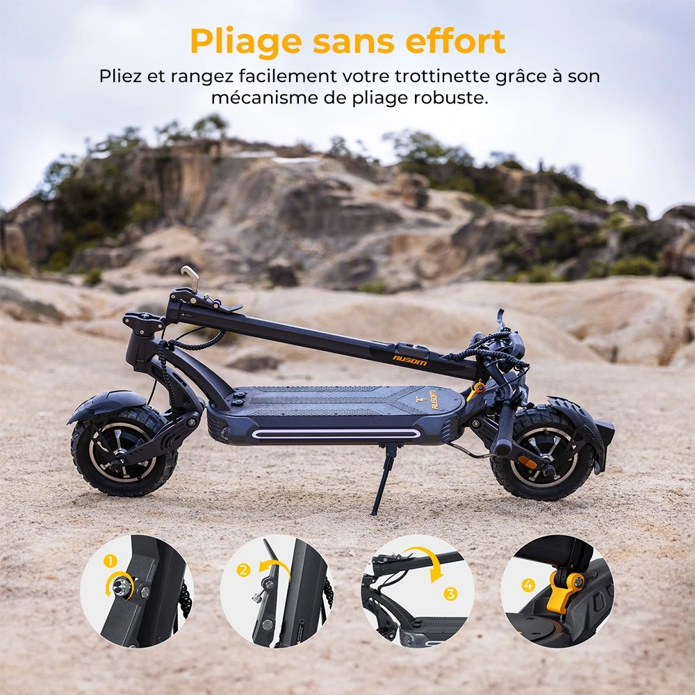 Trottinette électrique Ausom SR1, moteur 2 x 1 000 W, batterie 52 V 20,8 Ah, pneus 10 pouces, vitesse maximale 65 km/h, autonomie 95 km, freins à disque hydrauliques avant et arrière, suspension à bras oscillant