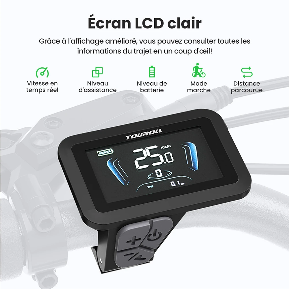 Touroll J1 Pro Vélo électrique, moteur 250 W, batterie 36 V 15,6 Ah, pneus 27,5 pouces, vitesse maximale 25 km/h, autonomie 100 km, frein à disque hydraulique, suspension avec blocage, Shimano 7 vitesses