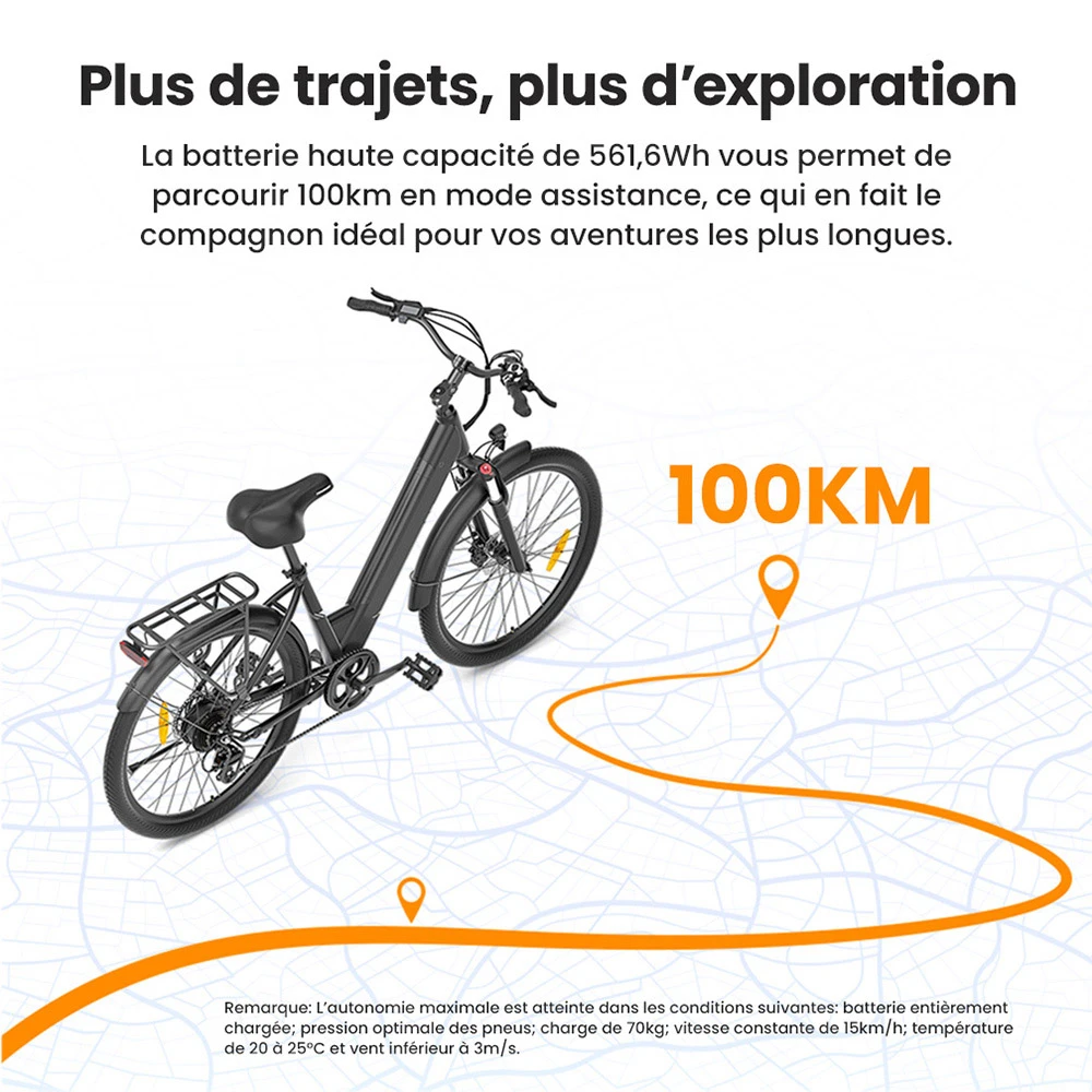 Touroll J1 Pro Vélo électrique, moteur 250 W, batterie 36 V 15,6 Ah, pneus 27,5 pouces, vitesse maximale 25 km/h, autonomie 100 km, frein à disque hydraulique, suspension avec blocage, Shimano 7 vitesses