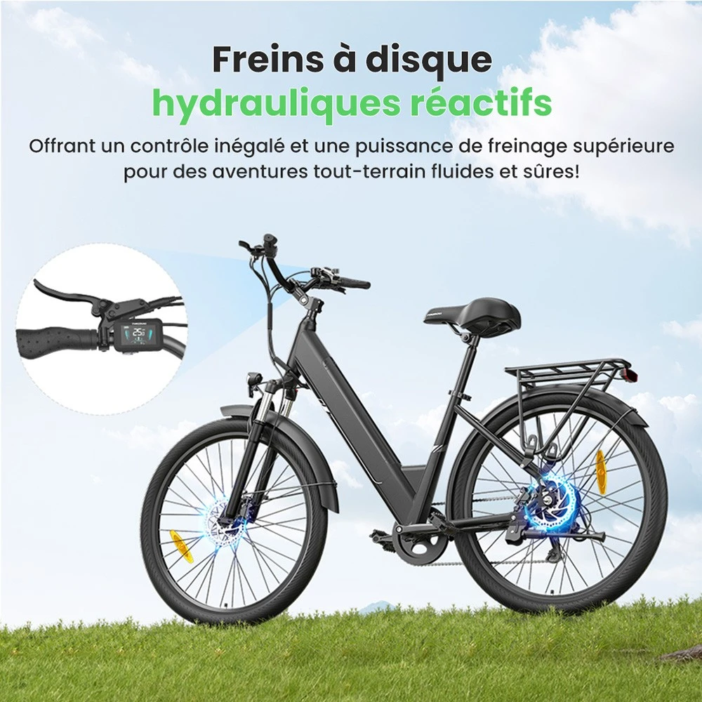 Touroll J1 Pro Vélo électrique, moteur 250 W, batterie 36 V 15,6 Ah, pneus 27,5 pouces, vitesse maximale 25 km/h, autonomie 100 km, frein à disque hydraulique, suspension avec blocage, Shimano 7 vitesses