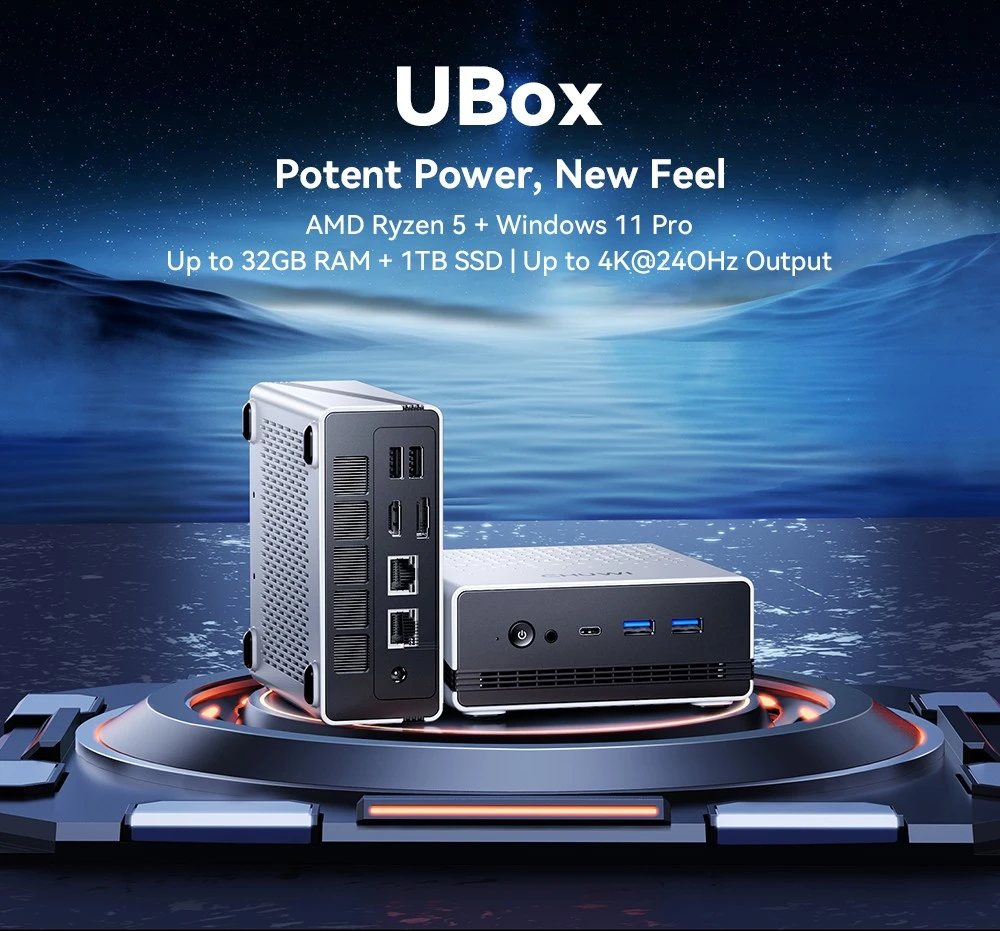 CHUWI UBox Mini PC, AMD Ryzen 5 7430U 6 Cores Max 4.3GHz, 16GB RAM 512GB SSD, Full-featured USB-C + HDMI + DP 4K Triple Display, WiFi 6 Bluetooth 5.2, 2*USB3.2, 2*USB2.0, 2*2.5G LAN, 1*Audio Jack
