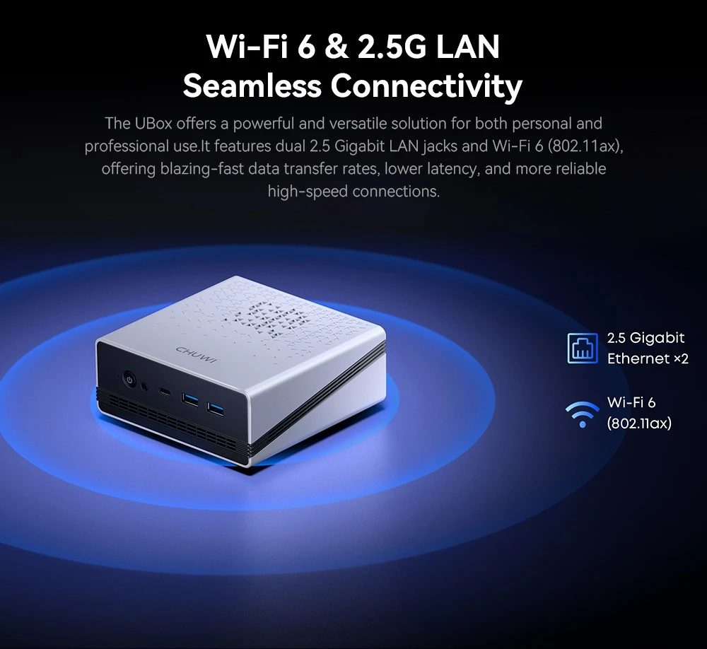 CHUWI UBox Mini PC, AMD Ryzen 5 7430U 6 Cores Max 4.3GHz, 16GB RAM 512GB SSD, Full-featured USB-C + HDMI + DP 4K Triple Display, WiFi 6 Bluetooth 5.2, 2*USB3.2, 2*USB2.0, 2*2.5G LAN, 1*Audio Jack
