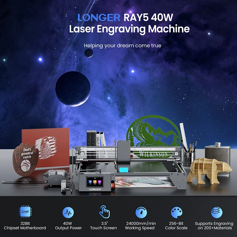 Graveur laser LONGER RAY5 40 W, vitesse de 24 000 mm/min, point laser 0,10 × 0,15 mm, zone de travail 385 × 385 mm, 8 diodes avec FAC, découpe en un seul passage : tilleul 20 mm/acier inoxydable 0,15 mm