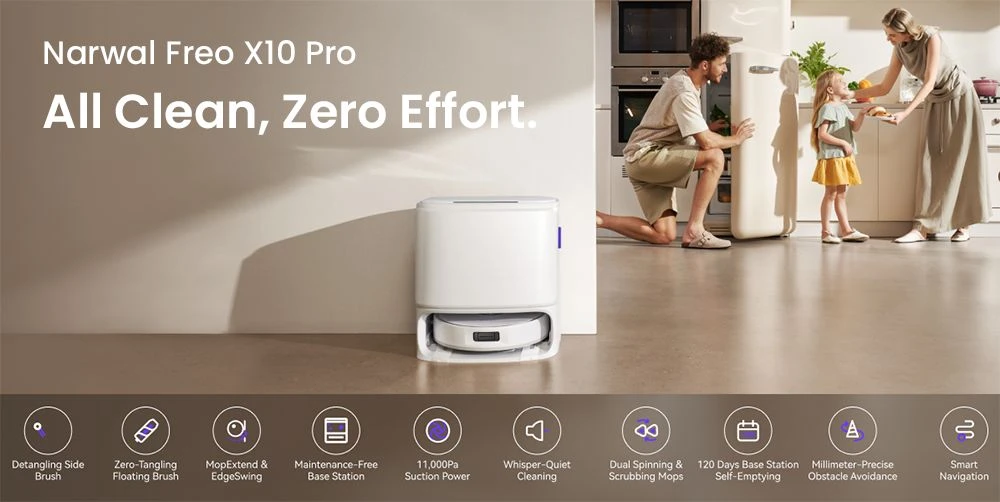 Narwal Freo X10 Pro Robot Vacuum Cleaner, Tangle Free Robot Mop, 8500Pa Powerful Suction, Self-Emptying, Auto Mop Washing, Auto Drying, Obstacle Avoidance, Ideal for Pet Hair and Hard Floor - White