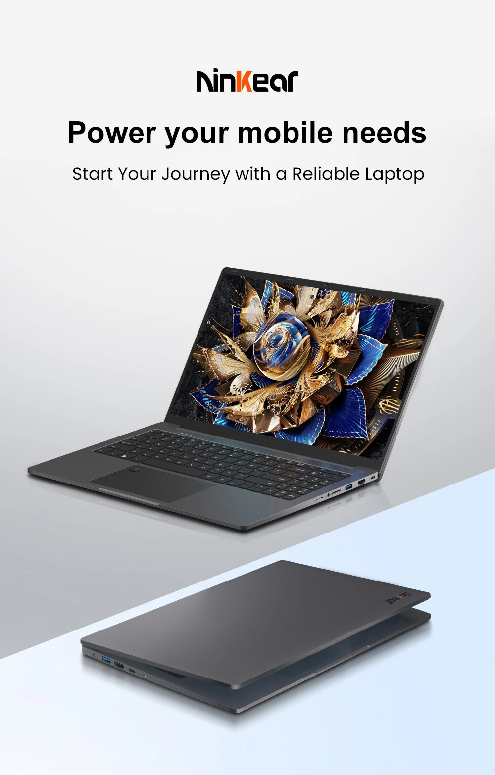 Ninkear A15 Air Laptop, 15.6 inch 1920*1080 Screen, AMD Ryzen 5 3500U 8 Cores Max 3.7GHz, 16GB RAM 512GB SSD, WiFi 5, 1* Full-featured Type-C, 2*USB3.0, 1*USB2.0, 1*HDMI, 1*RJ45, 1*Micro SD, 1*Audio Jack, 180° Opening and Closing, Fingerprint Unlock