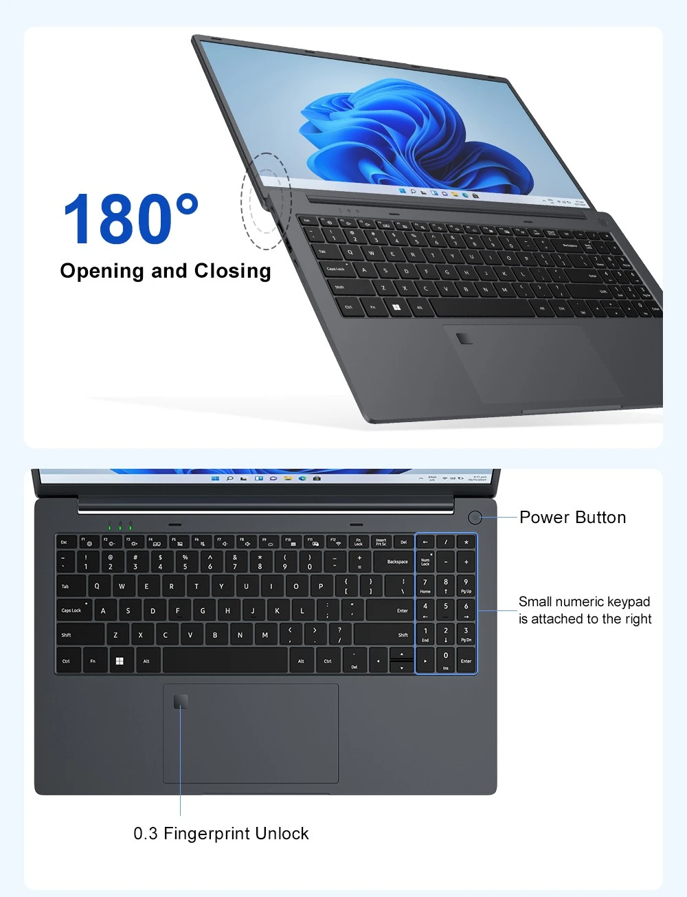Ninkear A15 Air Laptop, 15.6 inch 1920*1080 Screen, AMD Ryzen 5 3500U 8 Cores Max 3.7GHz, 16GB RAM 512GB SSD, WiFi 5, 1* Full-featured Type-C, 2*USB3.0, 1*USB2.0, 1*HDMI, 1*RJ45, 1*Micro SD, 1*Audio Jack, 180° Opening and Closing, Fingerprint Unlock