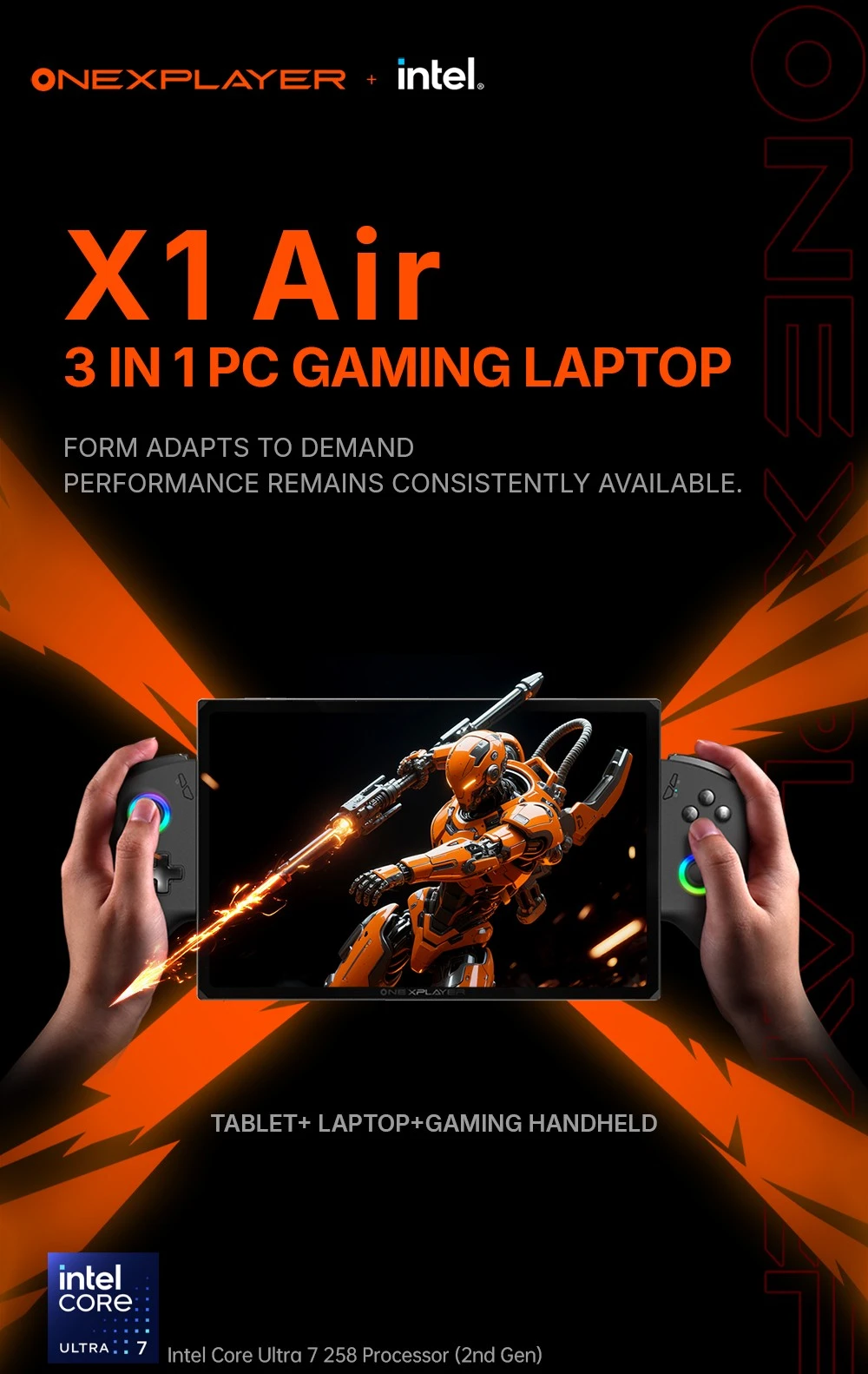 One Netbook OneXPlayer X1 Air Portable 3-in-1 Gaming PC, Intel Core Ultra 7 258V 8 Cores Max 4.8GHz, 10.95 inch 2560*1600 120Hz Screen, 32GB LPDDR5X RAM 1TB SSD, Facial & Fingerprint Unlock, 2*USB4.0, 1*USB3.2, 1*TF Card, 1*Mini SSD Slot - EU Plug