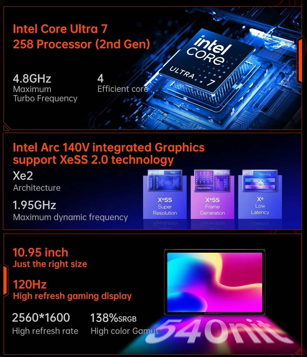 One Netbook OneXPlayer X1 Air Portable 3-in-1 Gaming PC, Intel Core Ultra 7 258V 8 Cores Max 4.8GHz, 10.95 inch 2560*1600 120Hz Screen, 32GB LPDDR5X RAM 1TB SSD, Facial & Fingerprint Unlock, 2*USB4.0, 1*USB3.2, 1*TF Card, 1*Mini SSD Slot - EU Plug