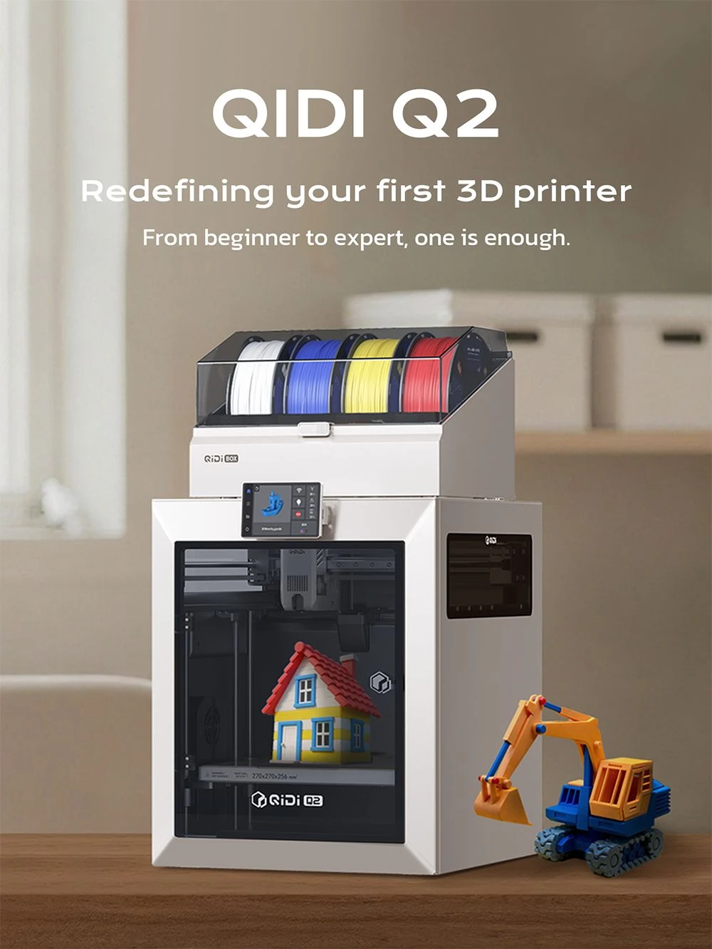 Imprimante 3D QIDI TECH Q2, haute vitesse 600 mm/s, tête chauffante 370 °C, chambre fermée 65 °C, mise à niveau automatique, caméra IA, grand volume de fabrication 270 × 270 × 256 mm, compatible PLA/ABS/PETG/TPU et matériaux avancés
