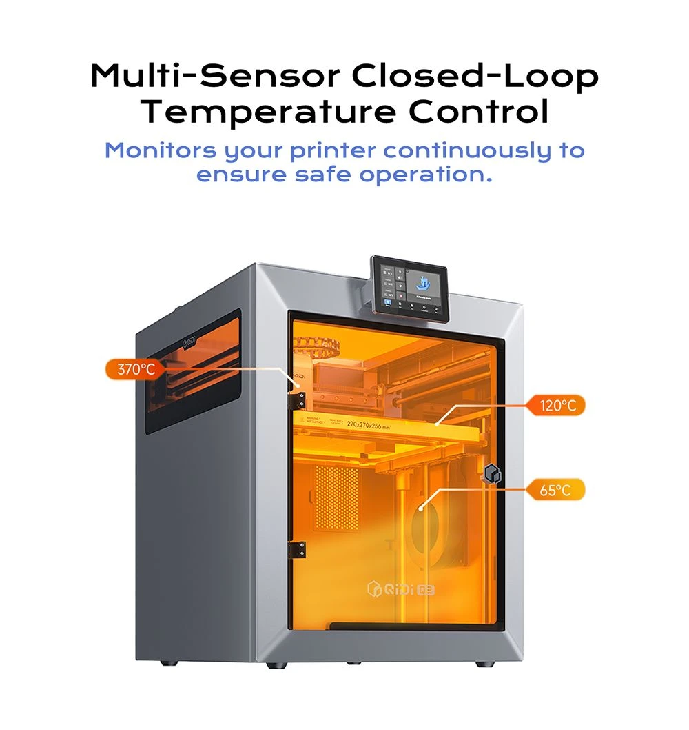 Imprimante 3D QIDI TECH Q2, haute vitesse 600 mm/s, tête chauffante 370 °C, chambre fermée 65 °C, mise à niveau automatique, caméra IA, grand volume de fabrication 270 × 270 × 256 mm, compatible PLA/ABS/PETG/TPU et matériaux avancés