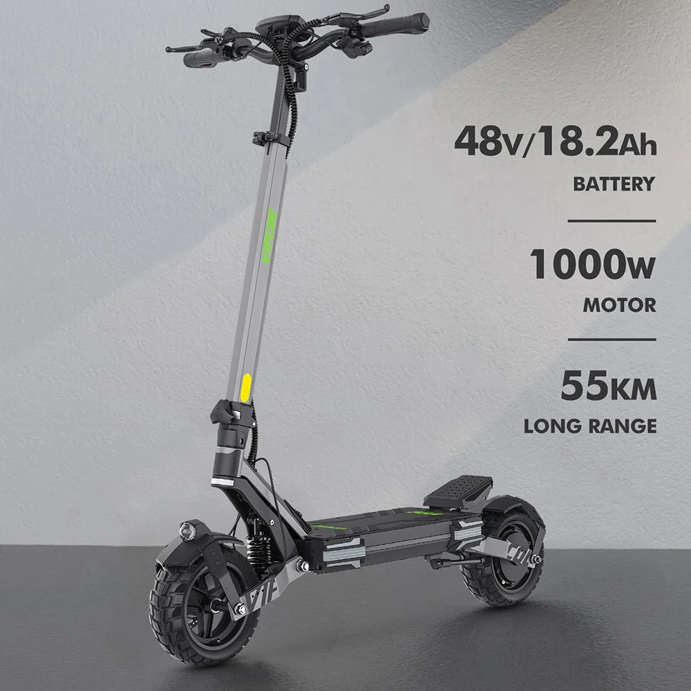Trottinette électrique Vipcoo VS6, moteur 1000 W, batterie 48 V 18,2 Ah, pneus 10 pouces, vitesse maximale 25 km/h, autonomie 55 km, freins à disque mécaniques avant et arrière, amortissement par ressorts avant et arrière, écran LED intelligent, déverrouillage NFC