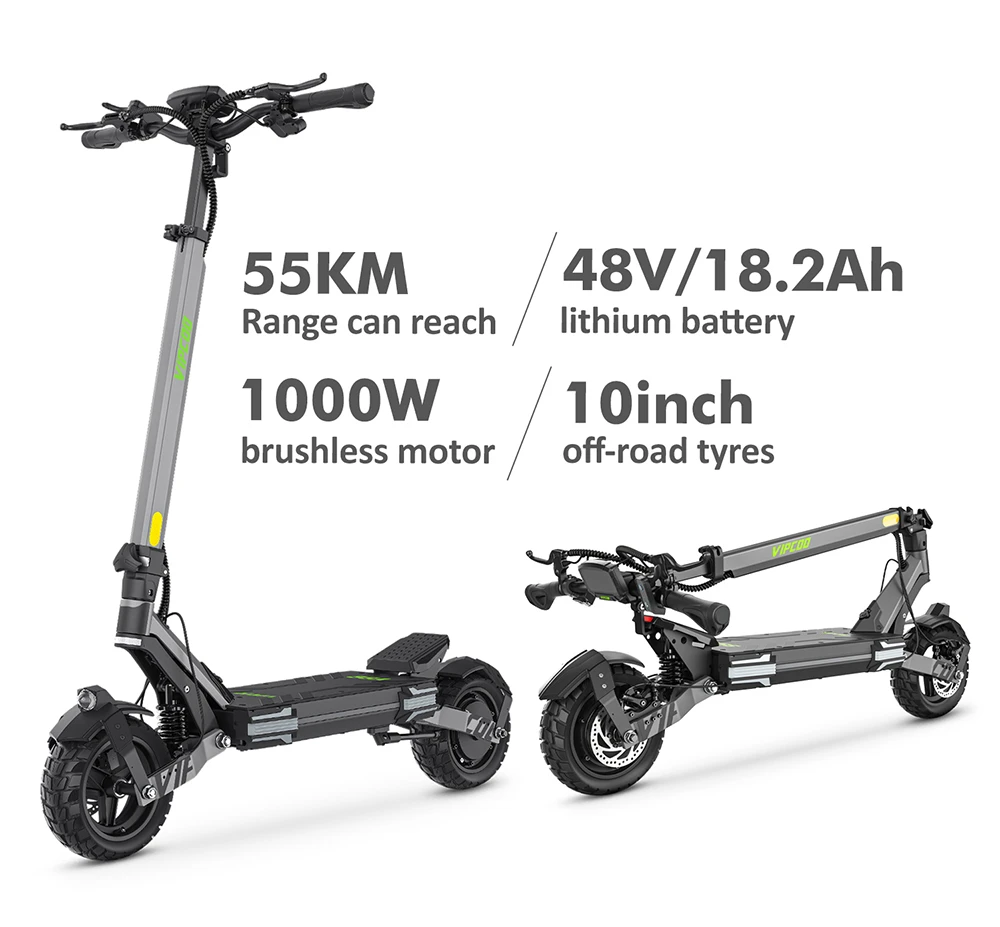 Trottinette électrique Vipcoo VS6, moteur 1000 W, batterie 48 V 18,2 Ah, pneus 10 pouces, vitesse maximale 25 km/h, autonomie 55 km, freins à disque mécaniques avant et arrière, amortissement par ressorts avant et arrière, écran LED intelligent, déverrouillage NFC