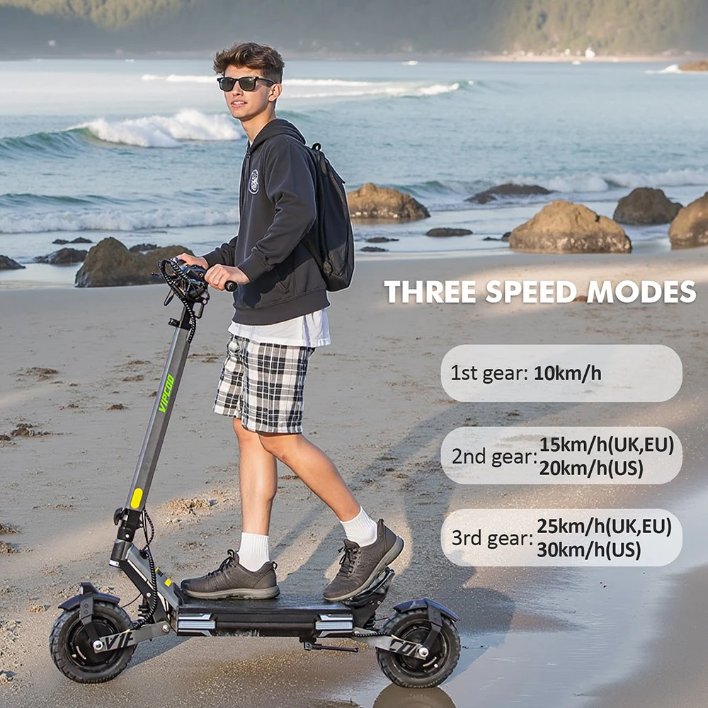 Trottinette électrique Vipcoo VS6, moteur 1000 W, batterie 48 V 18,2 Ah, pneus 10 pouces, vitesse maximale 25 km/h, autonomie 55 km, freins à disque mécaniques avant et arrière, amortissement par ressorts avant et arrière, écran LED intelligent, déverrouillage NFC
