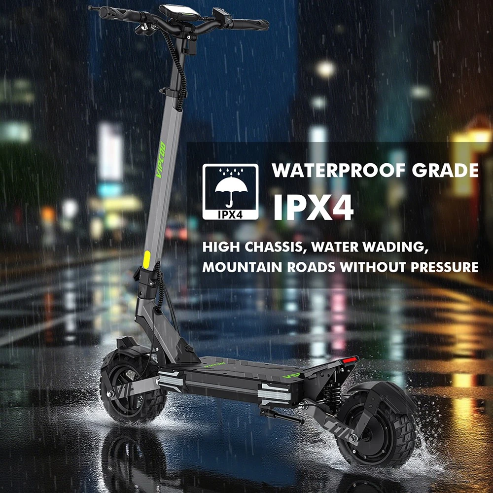 Trottinette électrique Vipcoo VS6, moteur 1000 W, batterie 48 V 18,2 Ah, pneus 10 pouces, vitesse maximale 25 km/h, autonomie 55 km, freins à disque mécaniques avant et arrière, amortissement par ressorts avant et arrière, écran LED intelligent, déverrouillage NFC