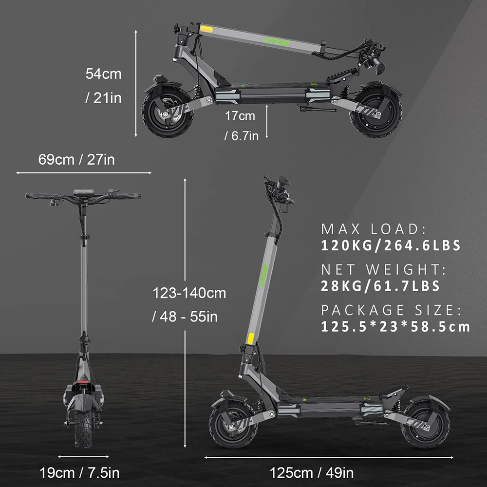 Trottinette électrique Vipcoo VS6, moteur 1000 W, batterie 48 V 18,2 Ah, pneus 10 pouces, vitesse maximale 25 km/h, autonomie 55 km, freins à disque mécaniques avant et arrière, amortissement par ressorts avant et arrière, écran LED intelligent, déverrouillage NFC
