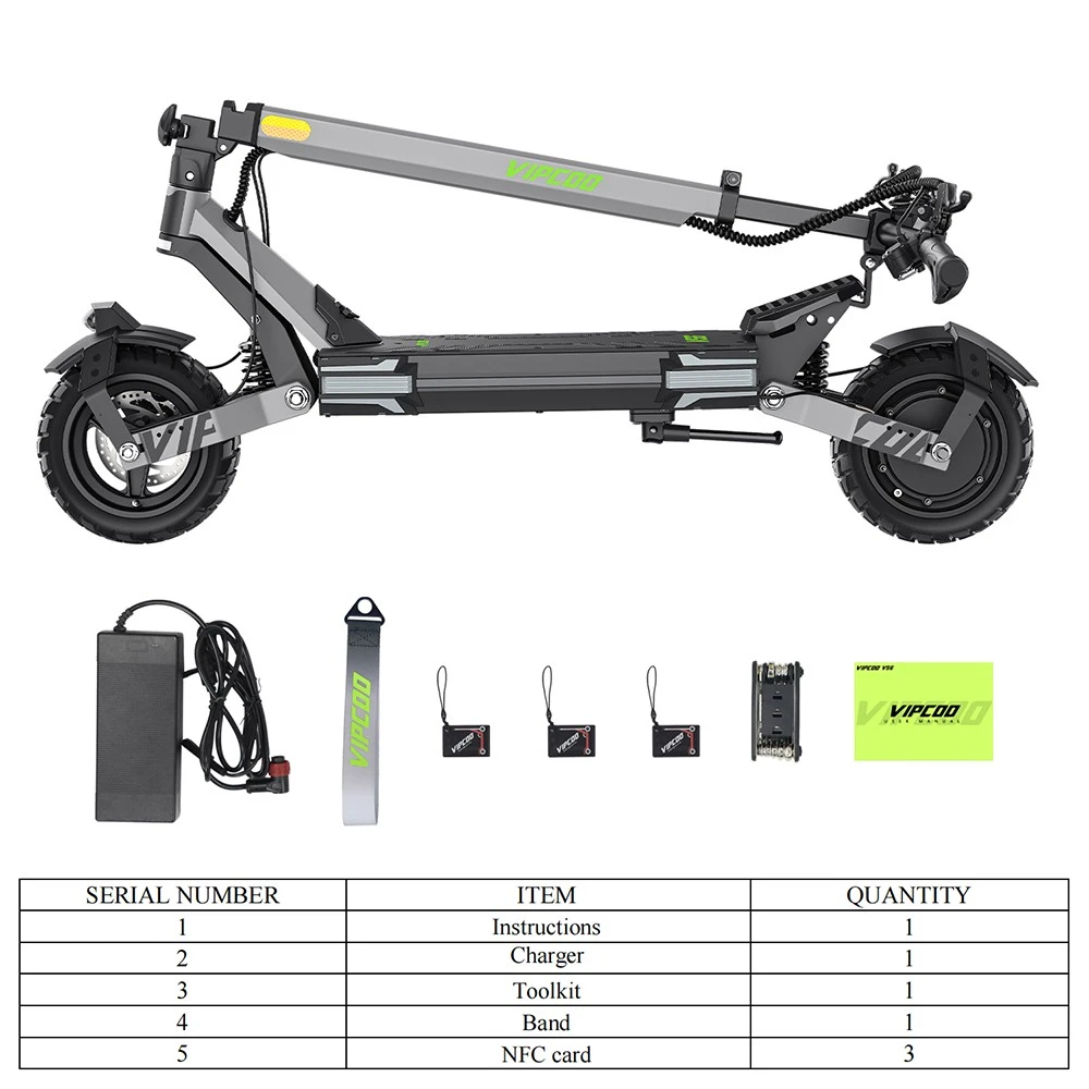 Trottinette électrique Vipcoo VS6, moteur 1000 W, batterie 48 V 18,2 Ah, pneus 10 pouces, vitesse maximale 25 km/h, autonomie 55 km, freins à disque mécaniques avant et arrière, amortissement par ressorts avant et arrière, écran LED intelligent, déverrouillage NFC