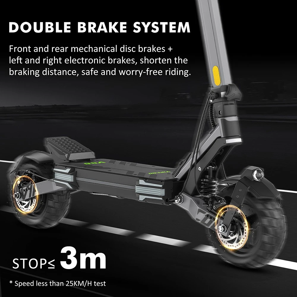 Trottinette électrique Vipcoo VS6, moteur 1000 W, batterie 48 V 18,2 Ah, pneus 10 pouces, vitesse maximale 25 km/h, autonomie 55 km, freins à disque mécaniques avant et arrière, amortissement par ressorts avant et arrière, écran LED intelligent, déverrouillage NFC