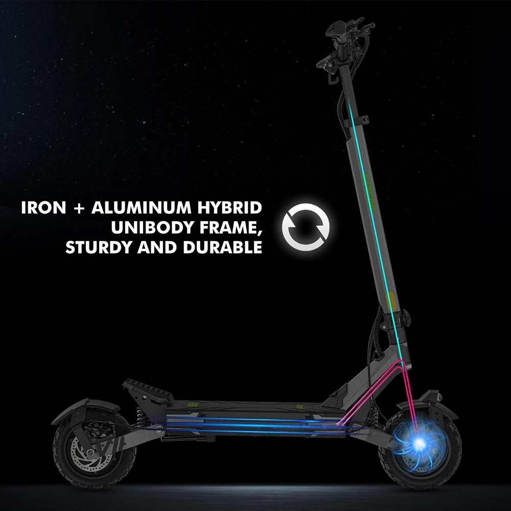 Trottinette électrique Vipcoo VS6, moteur 1000 W, batterie 48 V 18,2 Ah, pneus 10 pouces, vitesse maximale 25 km/h, autonomie 55 km, freins à disque mécaniques avant et arrière, amortissement par ressorts avant et arrière, écran LED intelligent, déverrouillage NFC