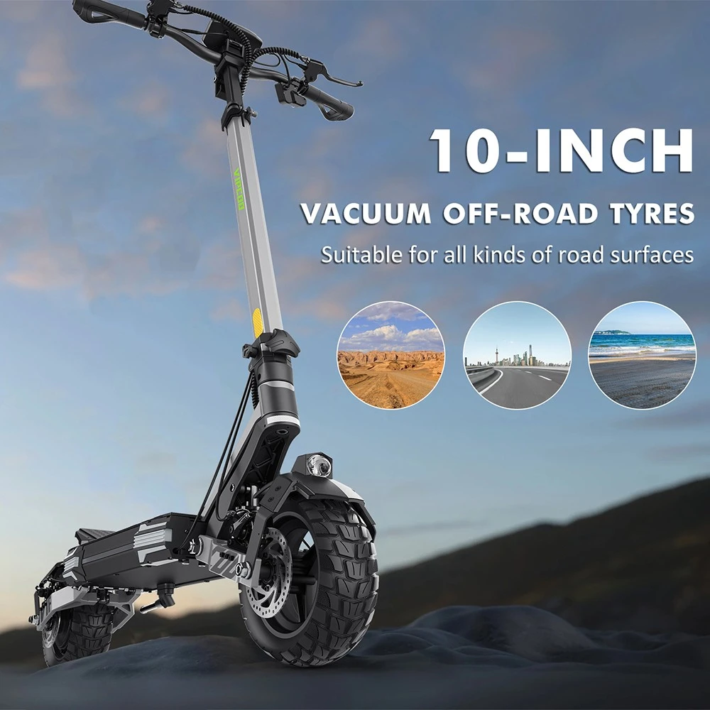Trottinette électrique Vipcoo VS6, moteur 1000 W, batterie 48 V 18,2 Ah, pneus 10 pouces, vitesse maximale 25 km/h, autonomie 55 km, freins à disque mécaniques avant et arrière, amortissement par ressorts avant et arrière, écran LED intelligent, déverrouillage NFC