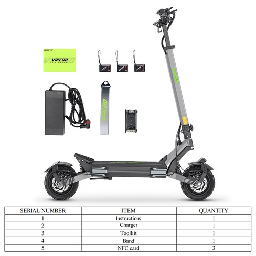 Vipcoo VS6 Pro Electric Scooter, 1200W*2 Motor, 52V 20.8Ah Battery, 10 inch Tires, 25km/h Max Speed, 65km Range, Front & Rear Mechanical Disc Brakes, Front & Rear Shock Absorption, LED Display, NFC Unlock