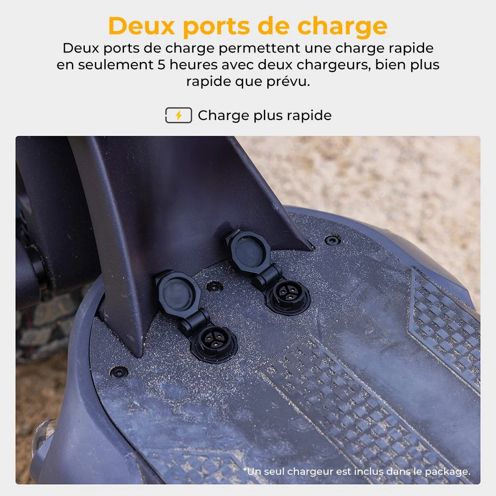 Trottinette électrique Ausom SR1, moteur 2 x 1 000 W, batterie 52 V 20,8 Ah, pneus 10 pouces, vitesse maximale 65 km/h, autonomie 95 km, freins à disque hydrauliques avant et arrière, suspension à bras oscillant