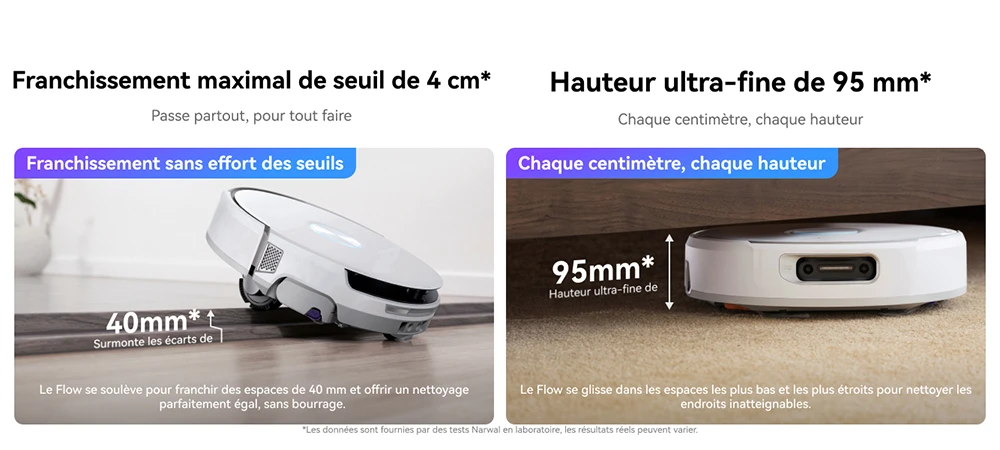 Narwal Freo Flow Aspirateur Robot et Serpillière, Aspiration 22 000Pa, Évitement d’Obstacles par IA à Double Caméra, Serpillière à Eau Chaude, Nettoyage des Tapis et Bords, Vidage Automatique, Sac à Poussière 2,5L, Commande Vocale - Blanc