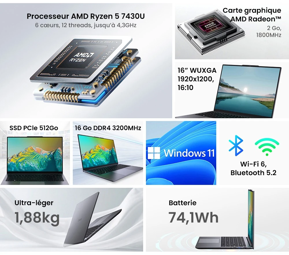 Ordinateur portable CHUWI CoreBook Plus, écran IPS 16 pouces 1920 x 1200, AMD Ryzen 5 7430U 6 cœurs cadencé à 4,3 GHz maximum, 16 Go de RAM, 512 Go de SSD, Wi-Fi 6, Bluetooth 5.2, 2 ports Type-C complets, 2 ports USB 3.2, 1 port USB 2.0, 1 emplacement pour carte TF, 1 port HDMI, 1 port RJ45, 1 port audio