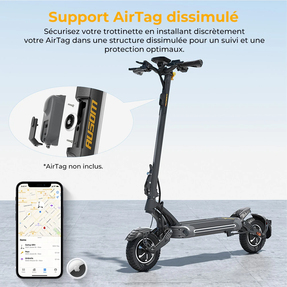 Trottinette électrique Ausom SR1, moteur 2 x 1 000 W, batterie 52 V 20,8 Ah, pneus 10 pouces, vitesse maximale 65 km/h, autonomie 95 km, freins à disque hydrauliques avant et arrière, suspension à bras oscillant