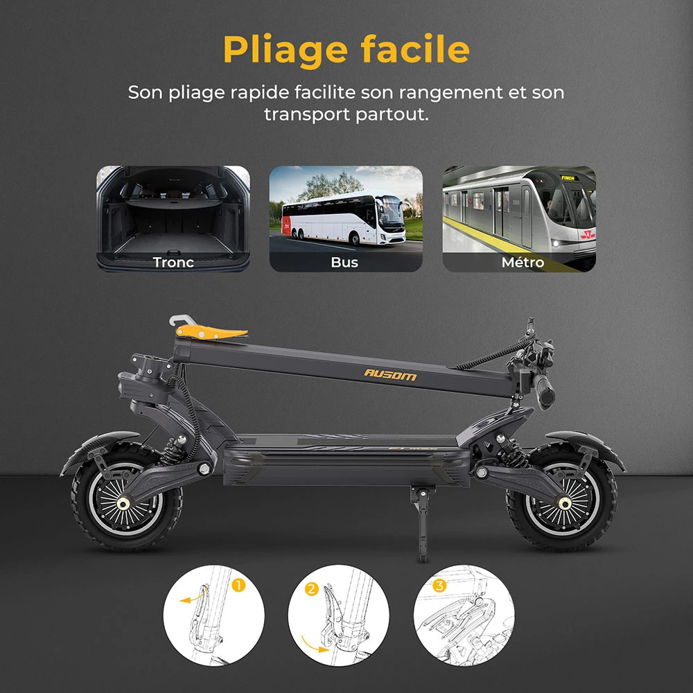 Trottinette électrique Ausom F1 Max, moteur 2 x 1 400 W, batterie 60 V 20,8 Ah, pneus 10 pouces, vitesse maximale 72 km/h, autonomie maximale 100 km, freins à disque hydrauliques avant et arrière, verrouillage NFC et par code